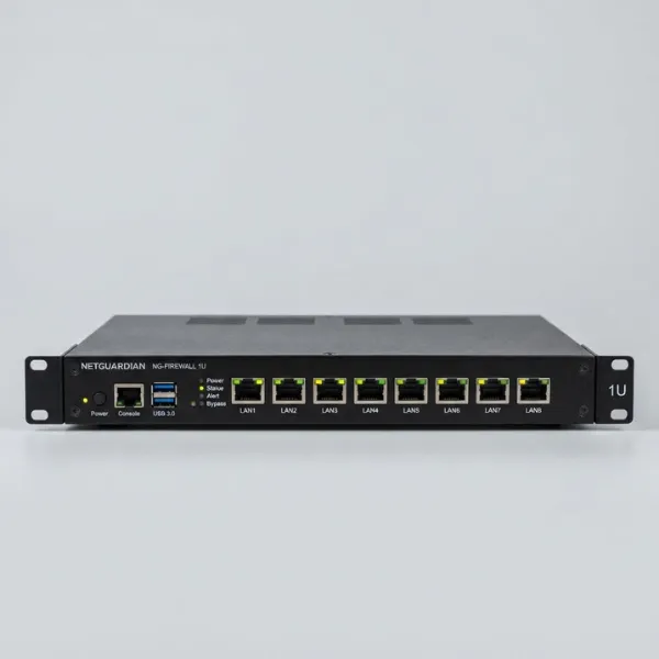 1U rack mount network security firewall using UES150 SPA4 OP 33mm low profile internal power module.