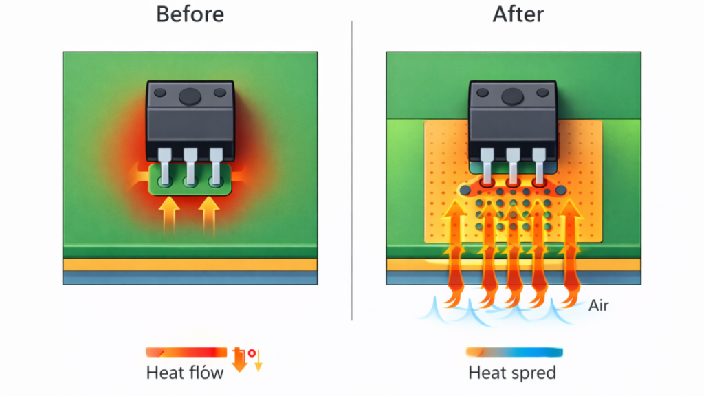 MOSFET copper plating + thermal via design