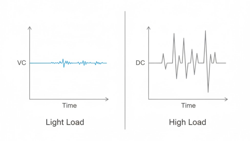 Ripple & Noise Waveform diagrams for light load vs. heavy load conditions