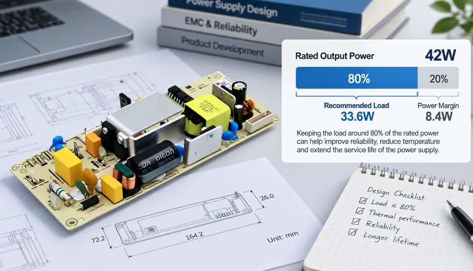 42W open frame power supply illustrating the 80% load rule and recommended power margin