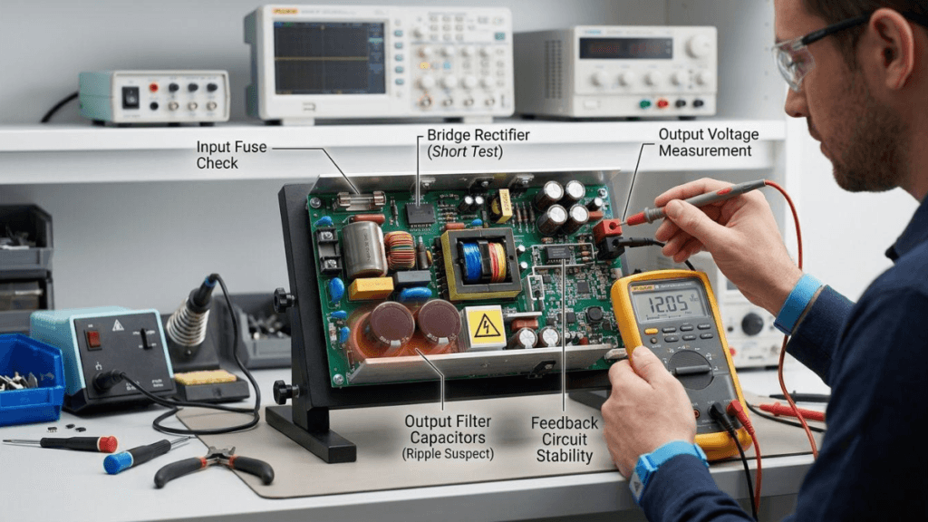 An electronics technician working on an open switching power supply (SMPS) unit on a workbench An electronics technician working on an open switching power supply (SMPS) unit on a workbench