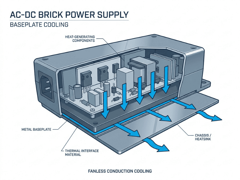 Baseplate cooling illustration for a fanless AC DC brick power supply module Baseplate cooling illustration for a fanless AC DC brick power supply module