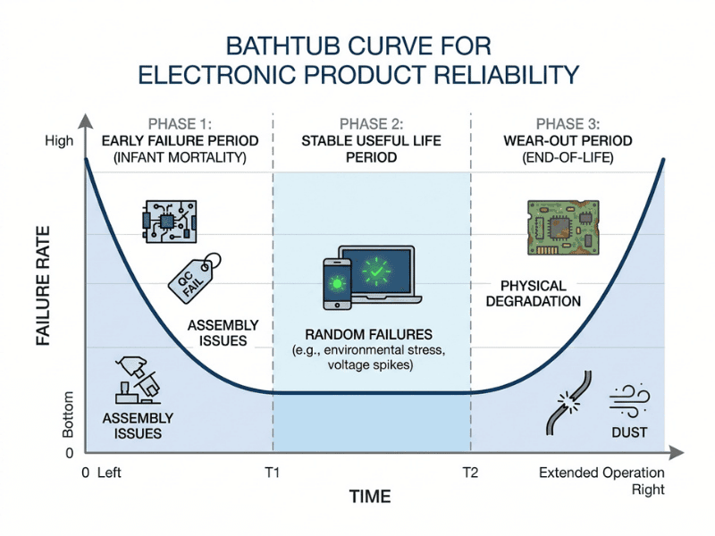 Bathtub curve diagram showing early failure, useful life, and wear out periods in power supply reliability