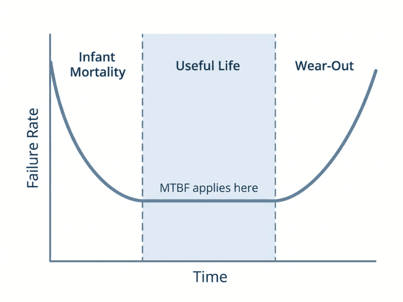 Bathtub curve showing infant mortality, useful life, and wear out phases, with MTBF applying only to the flat useful life zone. Bathtub curve showing infant mortality, useful life, and wear out phases, with MTBF applying only to the flat useful life zone.