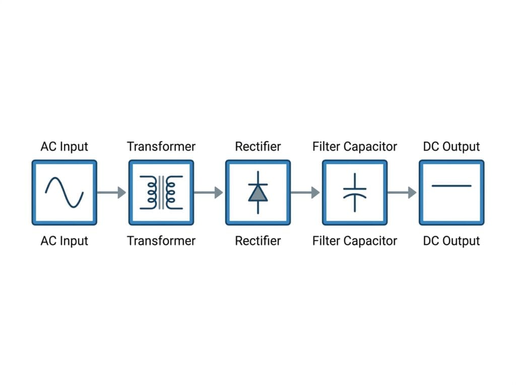 Block diagram of an unregulated power supply showing transformer, rectifier, and filter capacitor stages
