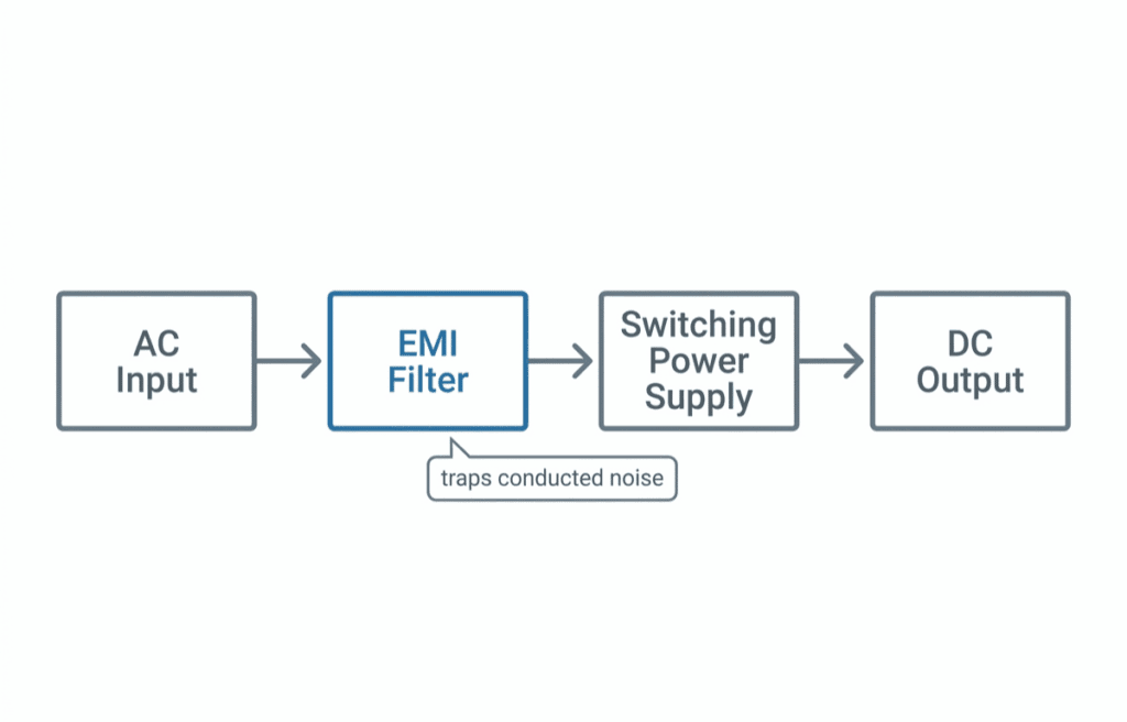 Block diagram showing an EMI filter placed between AC input and the switching power supply to trap conducted noise Block diagram showing an EMI filter placed between AC input and the switching power supply to trap conducted noise