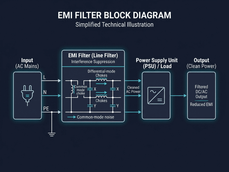 Block diagram showing the position of an EMI filter between AC mains input and a power supply unit (2)
