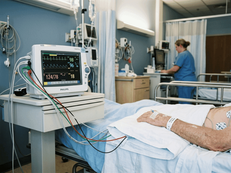Cardiac monitor connected to a patient by electrodes Cardiac monitor connected to a patient by electrodes