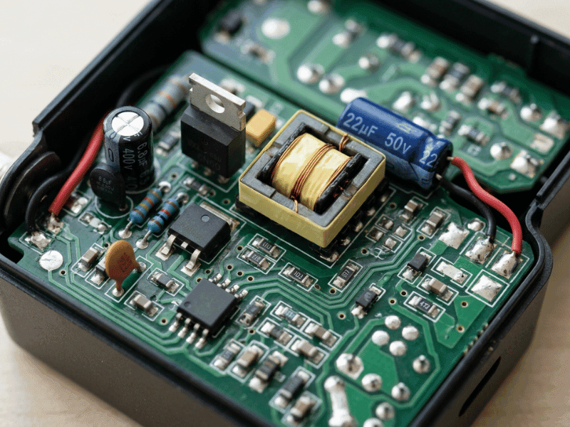 Close up of a GaN power supply circuit board with switching components
