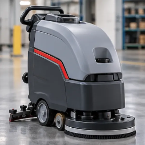 Commercial industrial floor scrubber designed for cleaning large indoor floor areas.