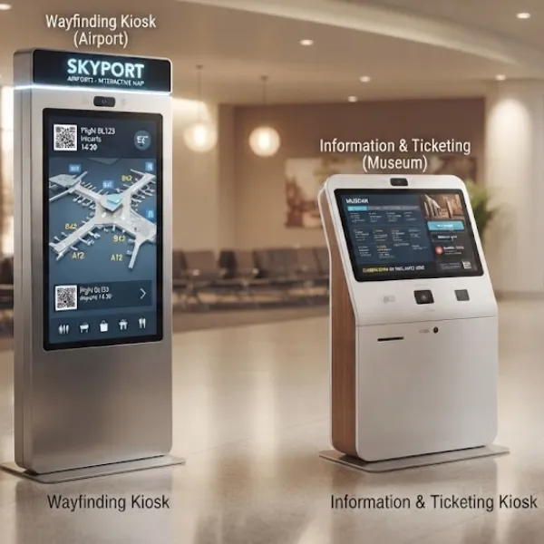 Commercial interactive kiosk and digital signage using 6KV surge protected internal power supply.