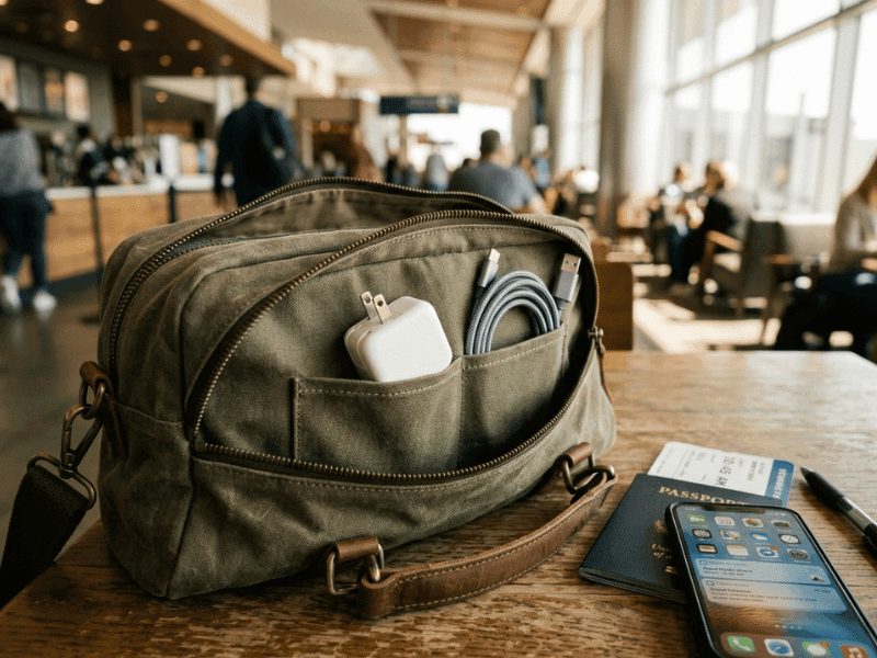 Compact GaN charger packed in a travel bag with a phone and passport