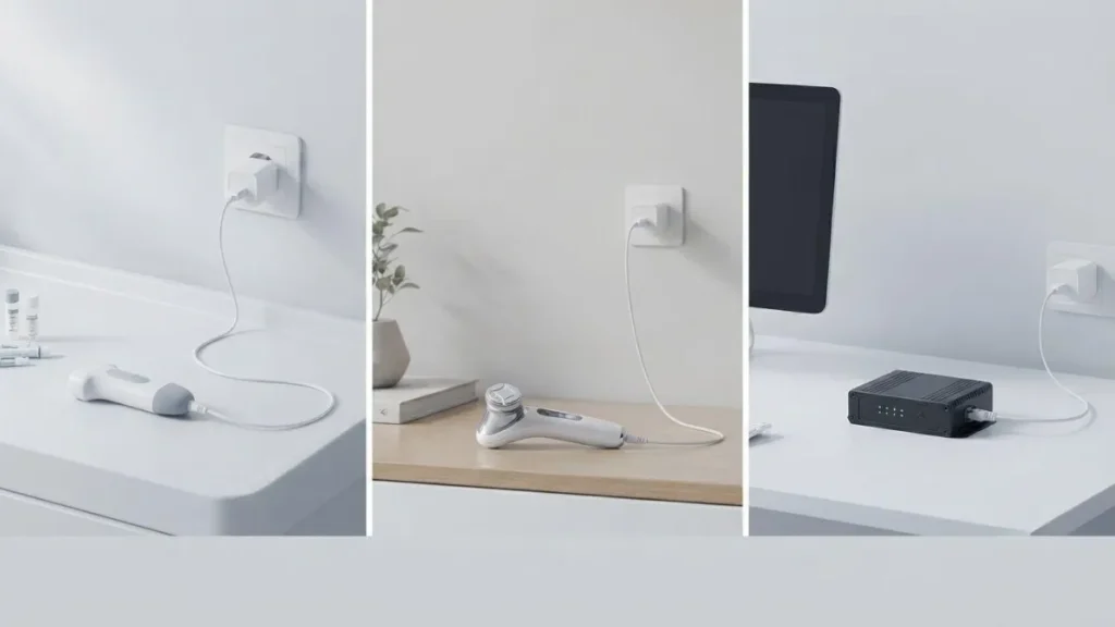 Compact wall plug adapter shown in a simple application scene with small medical and portable electronic devices Compact wall plug adapter shown in a simple application scene with small medical and portable electronic devices