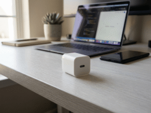 Compact white GaN USB C charger on a desk beside a laptop and phone