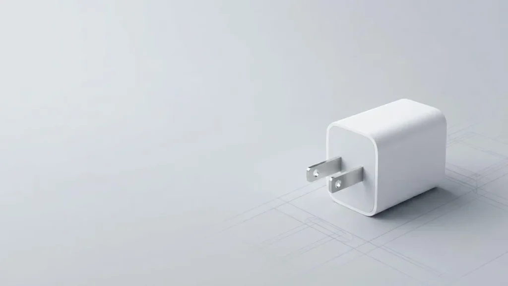 Compact white wall plug power adapter on a clean editorial background for a medical and portable device article