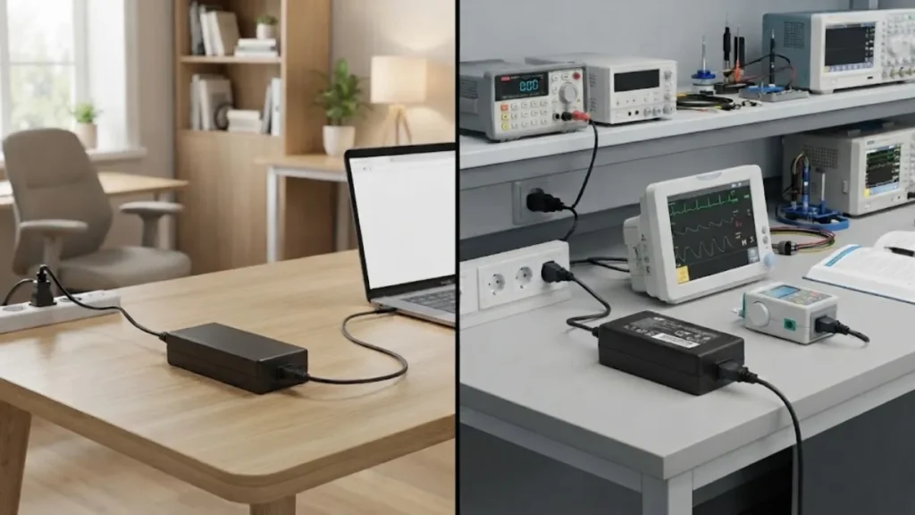 Comparison between standard power adapter and medical power adapter for different electronic and healthcare applications