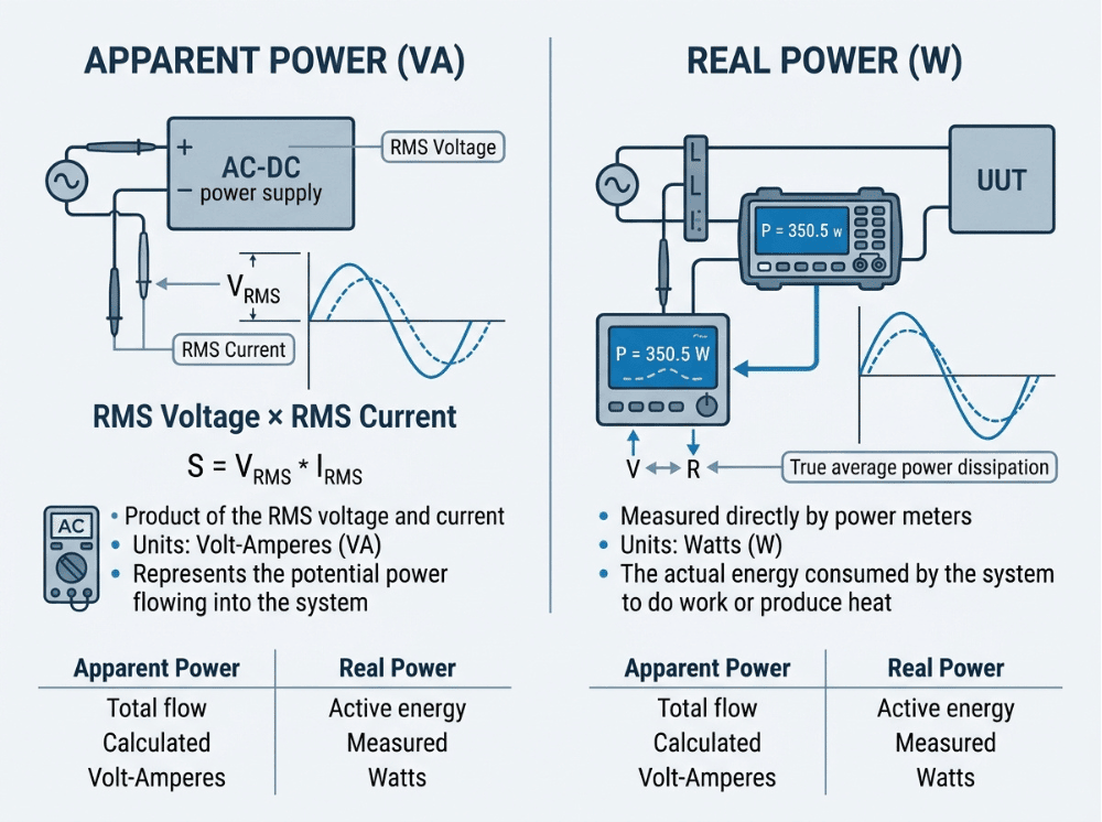 Comparison diagram showing apparent power versus real power in AC DC power supply efficiency testing Comparison diagram showing apparent power versus real power in AC DC power supply efficiency testing