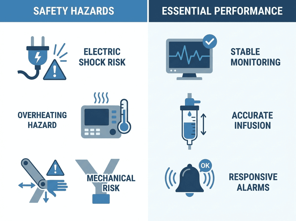 Comparison graphic showing the difference between basic safety and essential performance in IEC 60601 Comparison graphic showing the difference between basic safety and essential performance in IEC 60601