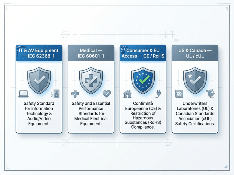 Comparison infographic of AC DC power supply certification standards including IEC 62368 1, IEC 60601 1, CE, and UL for different application domains. Comparison infographic of AC DC power supply certification standards including IEC 62368 1, IEC 60601 1, CE, and UL for different application domains.
