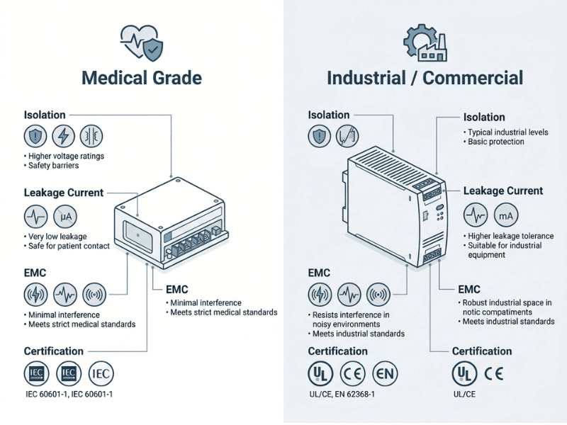 Comparison infographic showing key differences between medical grade and industrial power supplies Comparison infographic showing key differences between medical grade and industrial power supplies