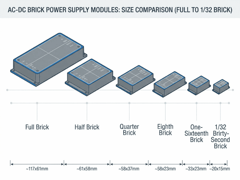 Comparison of common AC DC brick power supply form factors from full brick to one thirty second brick Comparison of common AC DC brick power supply form factors from full brick to one thirty second brick