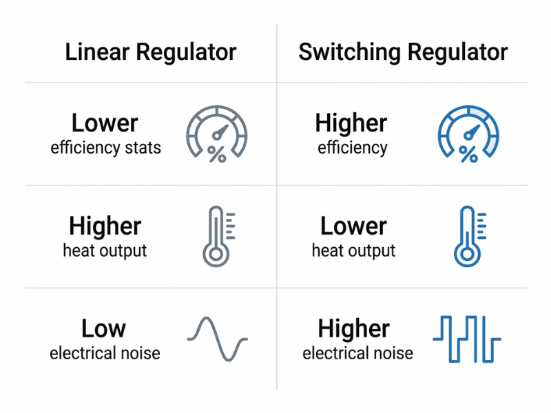Comparison of linear and switching regulators showing efficiency, heat output, and electrical noise differences