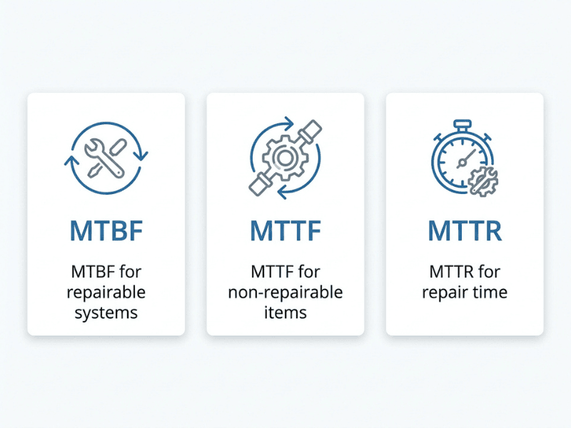 Comparison visual explaining the difference between MTBF for repairable systems, MTTF for non repairable items, and MTTR for repair time. Comparison visual explaining the difference between MTBF for repairable systems, MTTF for non repairable items, and MTTR for repair time.