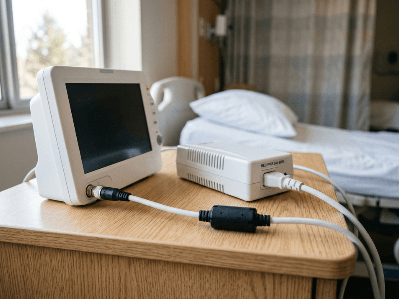 Desktop medical power adapter connected to patient monitor Desktop medical power adapter connected to patient monitor