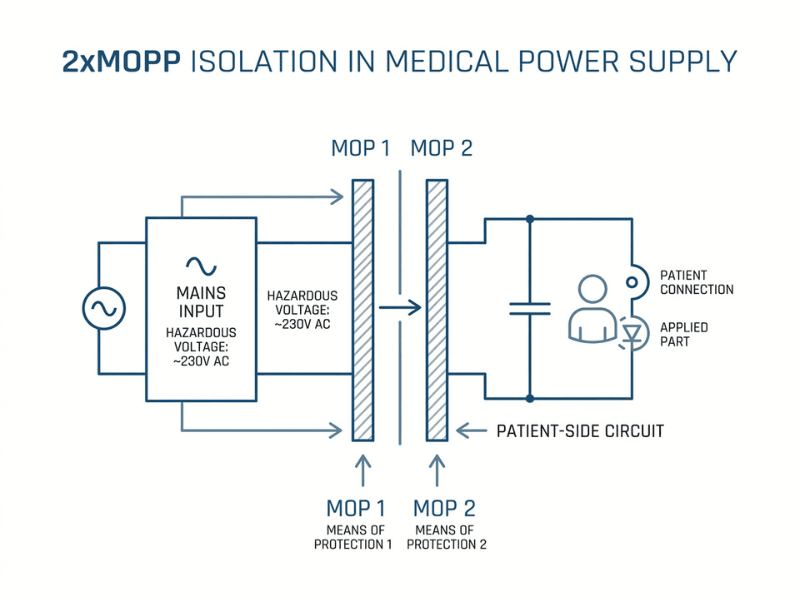 Diagram explaining 2xMOPP isolation between mains input and patient circuit in a medical power supply Diagram explaining 2xMOPP isolation between mains input and patient circuit in a medical power supply
