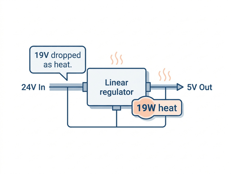 Diagram showing a linear regulator dropping 19V as 19 watts of heat between 24V input and 5V output