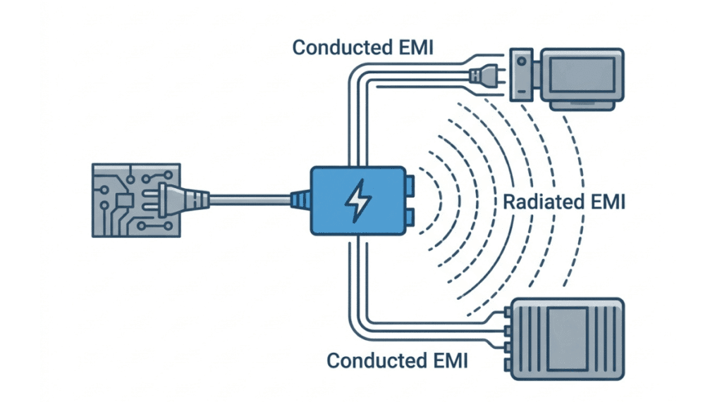 Diagram showing conducted EMI traveling through wires and radiated EMI broadcasting through the air Diagram showing conducted EMI traveling through wires and radiated EMI broadcasting through the air