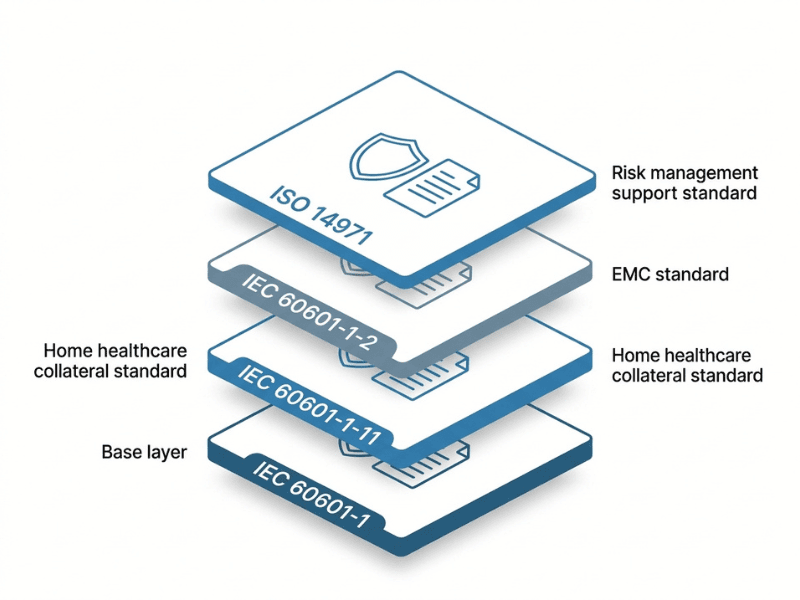 Diagram showing how IEC 60601 1, IEC 60601 1 11, IEC 60601 1 2, and ISO 14971 relate in home healthcare power supply compliance. Diagram showing how IEC 60601 1, IEC 60601 1 11, IEC 60601 1 2, and ISO 14971 relate in home healthcare power supply compliance.