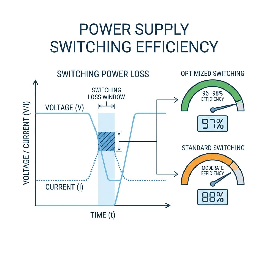 Diagram showing how faster GaN switching reduces energy loss and improves power supply efficiency
