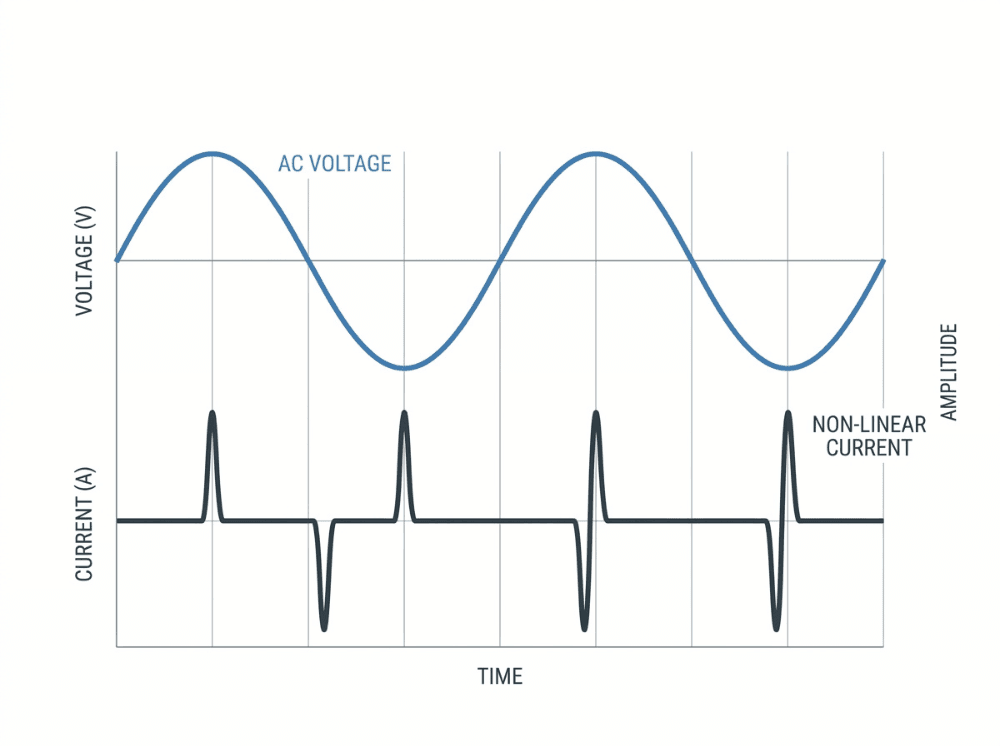 Diagram showing sinusoidal AC voltage and pulsed non linear current waveform with high harmonic distortion in an AC DC power supply Diagram showing sinusoidal AC voltage and pulsed non linear current waveform with high harmonic distortion in an AC DC power supply