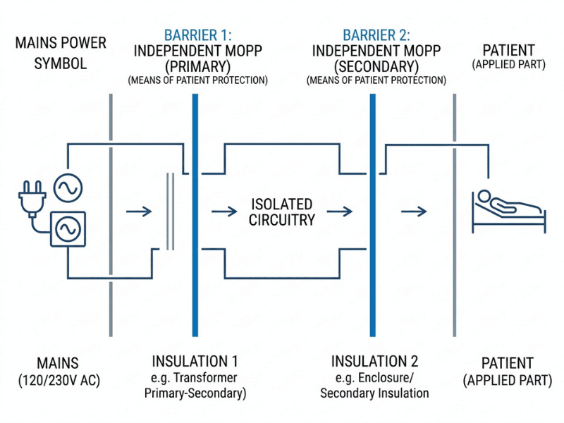 Diagram showing two protection barriers from mains to patient Diagram showing two protection barriers from mains to patient