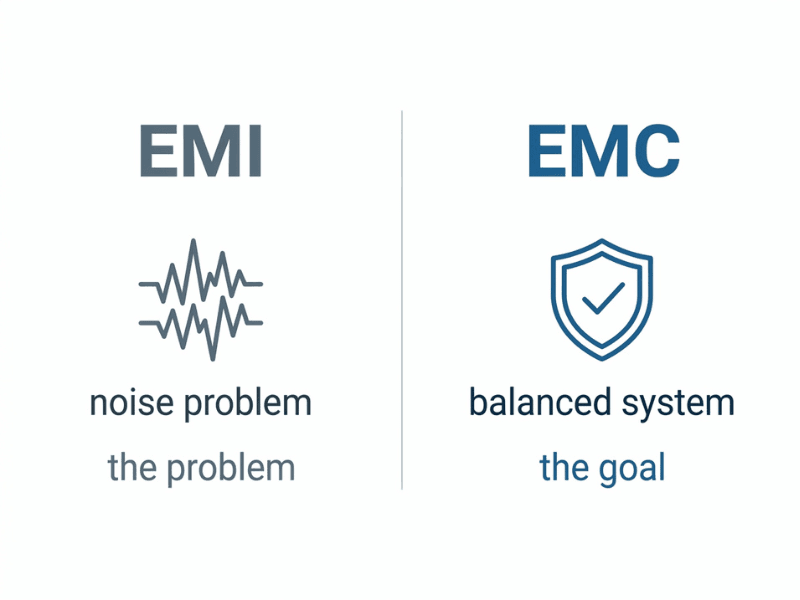 EMI vs EMC comparison showing EMI as the noise problem and EMC as the goal of a compatible system EMI vs EMC comparison showing EMI as the noise problem and EMC as the goal of a compatible system