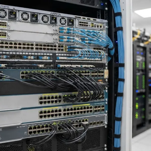 Enterprise PoE++ network switch powered by 54V 410W open frame power supply with 802.3bt support.
