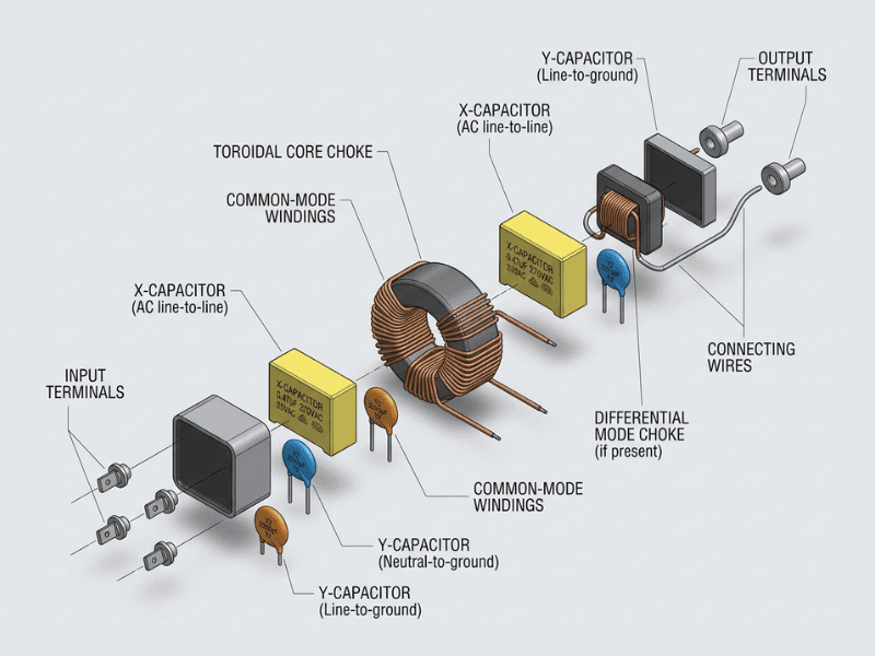 Exploded diagram of an EMI filter highlighting the common mode choke, X capacitors, and Y capacitors