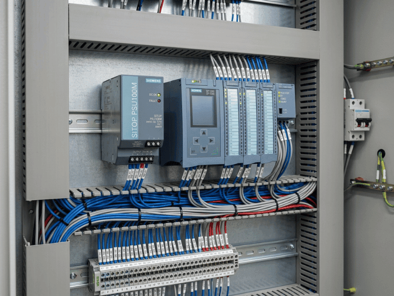 Fanless DIN rail power supply installed in an industrial automation control cabinet Fanless DIN rail power supply installed in an industrial automation control cabinet