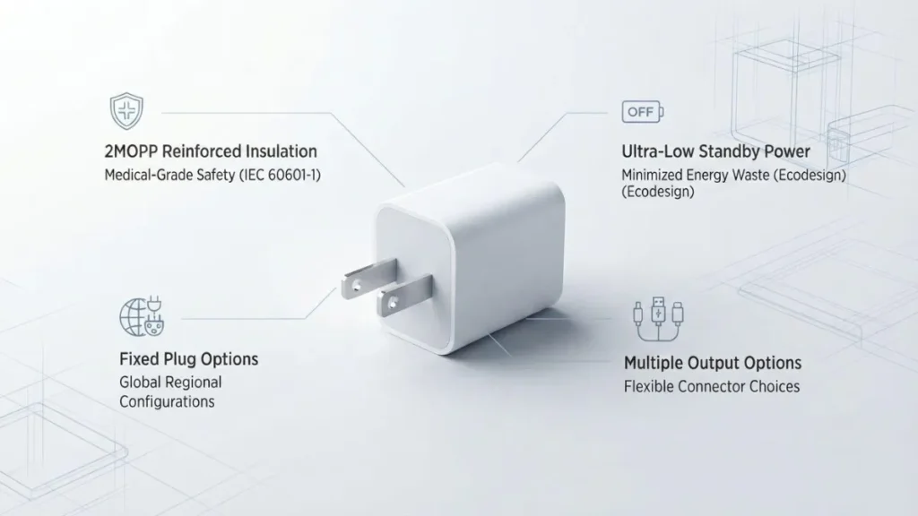 Feature graphic showing a compact wall plug adapter with callouts for 2MOPP insulation, low standby power, fixed plug options, and multiple output choices Feature graphic showing a compact wall plug adapter with callouts for 2MOPP insulation, low standby power, fixed plug options, and multiple output choices
