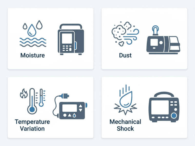 Four panel infographic showing home healthcare power supply environmental risks including moisture, dust, temperature variation, and mechanical shock. Four panel infographic showing home healthcare power supply environmental risks including moisture, dust, temperature variation, and mechanical shock.