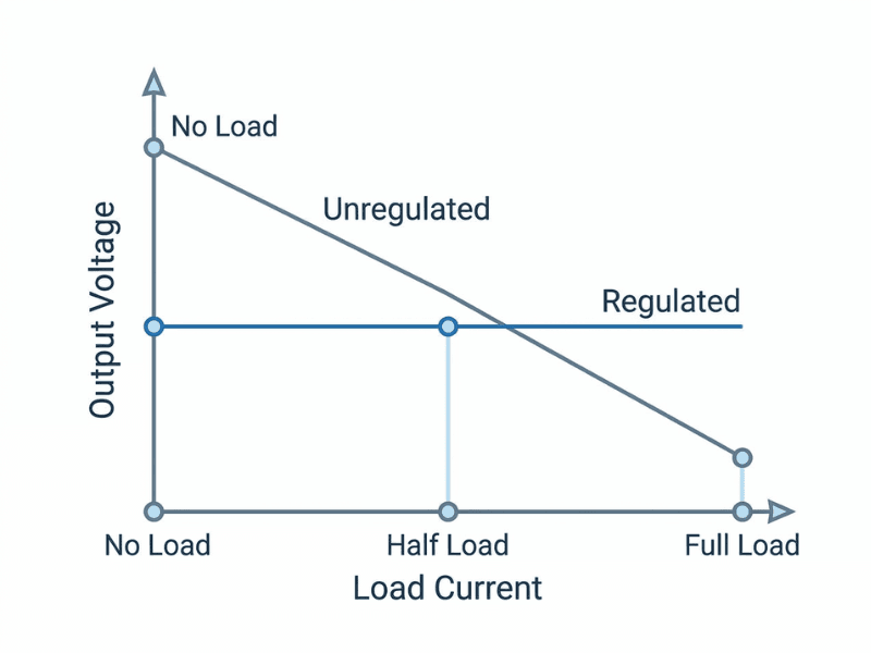 Graph comparing how unregulated output voltage drops with load while regulated voltage stays steady