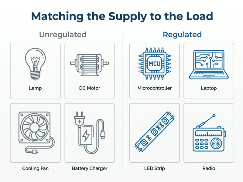 Grid matching unregulated supplies to lamps and motors and regulated supplies to microcontrollers and LEDs