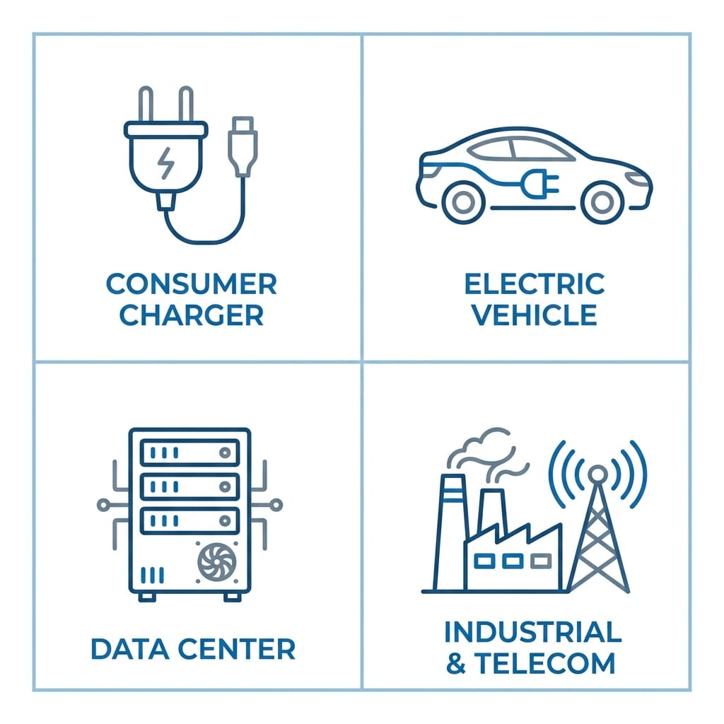 Grid showing GaN power supply applications in consumer, EV, data center, and industrial sectors