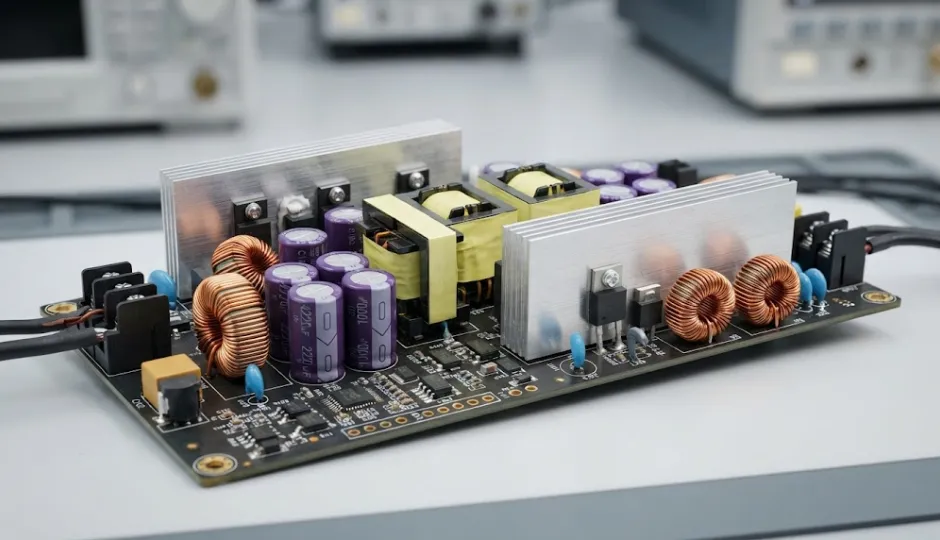 High efficiency ITE power supply components highlighting Level VI energy efficiency rating and 54V output stability for industrial hardware.