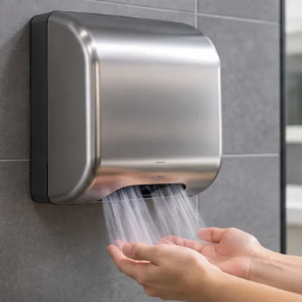 High power commercial hand dryer with automatic warm air drying in a public restroom