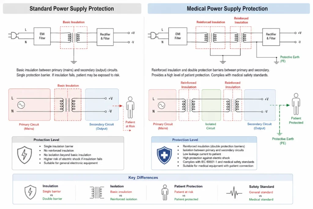 IEC 60601 1 medical power supply safety architecture showing isolation barriers and patient protection