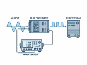 Illustration of AC DC power supply efficiency testing with AC input waveform, DC output, and power measurement instruments