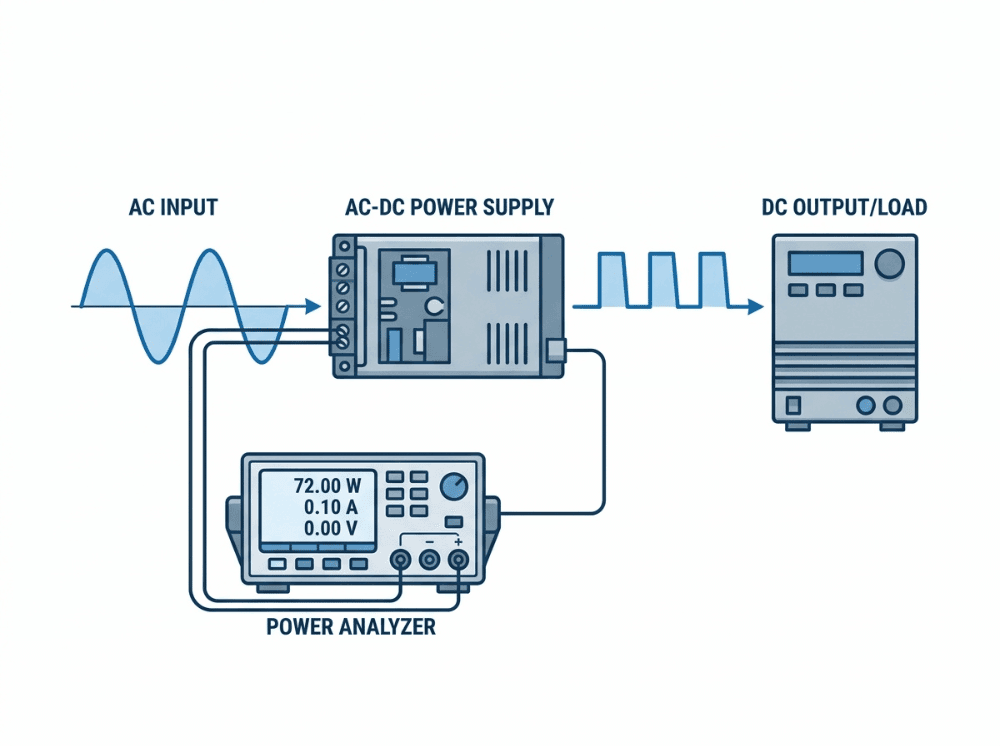 Illustration of AC DC power supply efficiency testing with AC input waveform, DC output, and power measurement instruments