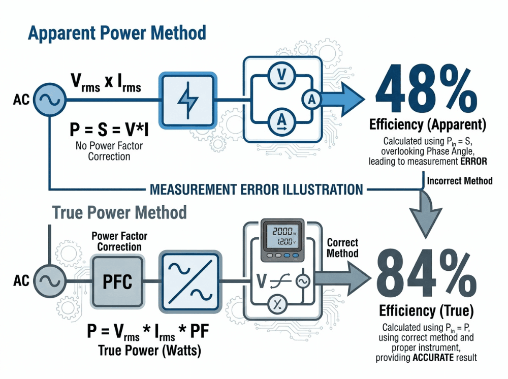 Illustration showing how incorrect apparent power measurement can report 48 percent efficiency while true power measurement shows 84 percent efficiency Illustration showing how incorrect apparent power measurement can report 48 percent efficiency while true power measurement shows 84 percent efficiency